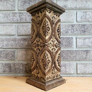 Rustic Brown Hand Carved Wooden Pillar Candle Holder